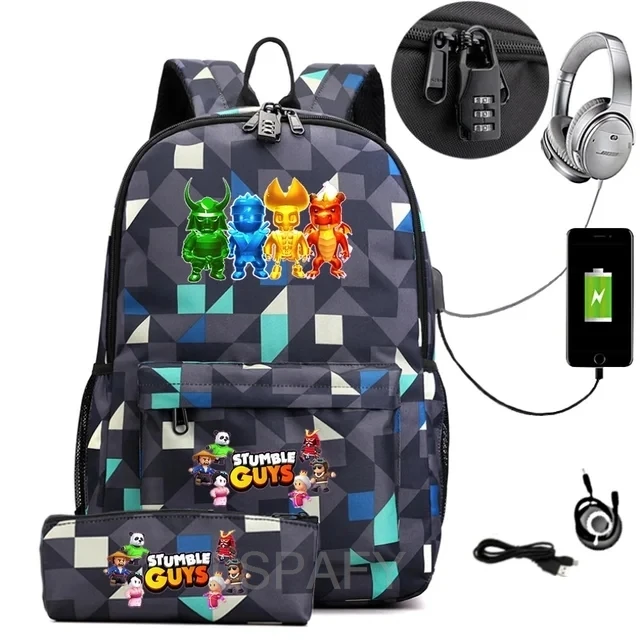 STUMBLE GUYS Anime College School Bags Boys Girls USB Charging School Bag STUMBLE GUYS Schoolbag 2 pcs sets