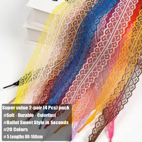 4Pcs/2 Pairs 3 cm /1 inch Lace Trim Shoelaces Ballet Style Satin Ribbon Cute DIY Wide Flat Laces for Sneakers German Army Traine