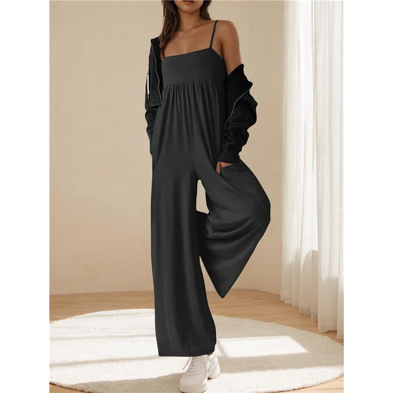 

CGS-Jumpsuits For Women Spaghetti Strap Wide Leg Overalls Summer Rompers With Pockets