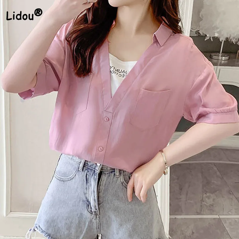 

Casual Korean Female Short Sleeve Fake Two Pieces Shirt Summer Pockets Spliced Short Sleeve Simplicity Blouse Women's Clothing