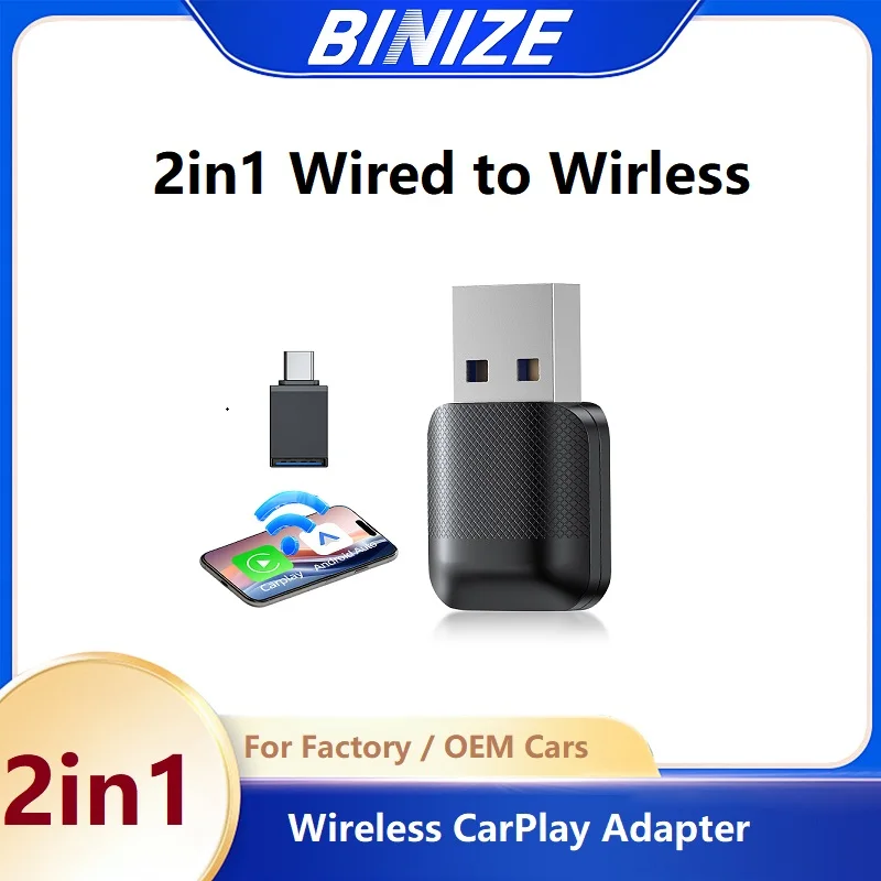 

Binize 2 IN 1 Wireless Carplay Adapter Wired to Wireless carplay Adapter Plug & Play For Car With Wired CarPlay/ Android Auto