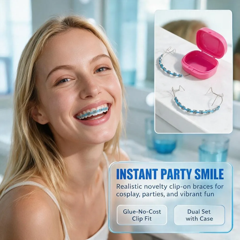 1 Pair Fashion Fake Braces Tooth Jewelry Kit, Removable Non-Permanent Dental Decoration for Hip Hop Halloween Party