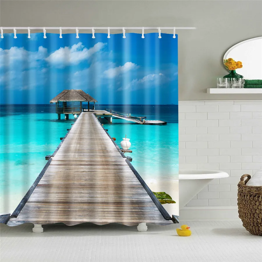 Seaside Beach Shower Curtain Coconut Tree Sunset Sailboat Nature Scenery Bath Curtains Fabric Bathroom Decor Screen Set Hooks