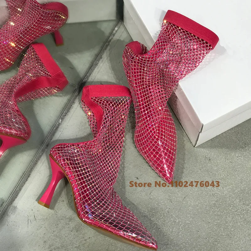 Saturn Pink Stretch Stone Stocking stivali a spillo Summer Bling Bling strass Mesh stivaletti a punta sandali di cristallo