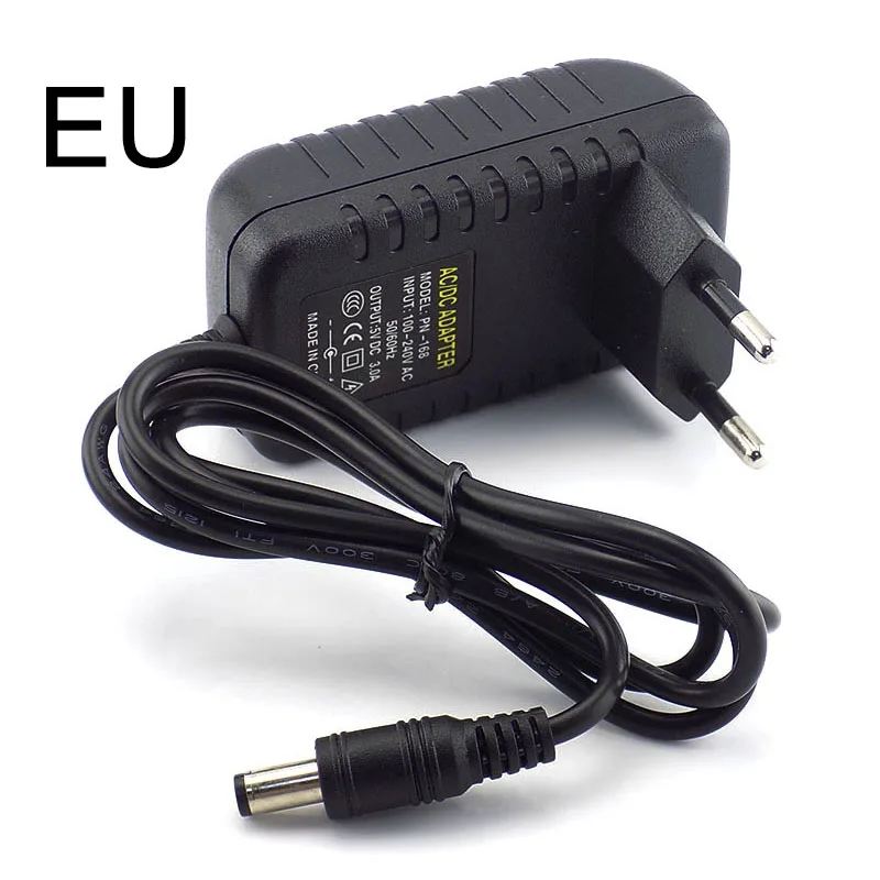 Adaptador de carregador de alimentação para Strip LED TV Box, UE e EUA Plug, Switch 5.5mm x 2.1-2.5mm, DC 5V, 3A, 3000mA, 100V-240V