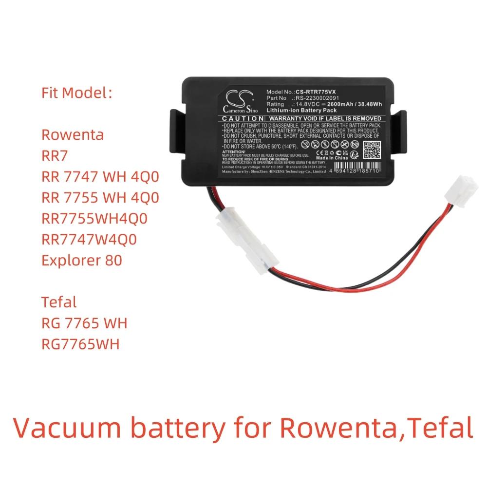 

Li-ion Vacuum battery for Tefal,Rowenta,14.8v,2600mAh,RR7755WH4Q0 RR7747W4Q0 Explorer 80 RG7765WH