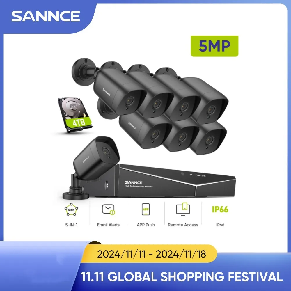 SANNCE 보안 카메라 시스템, 야외 야간 투시경 보안 보호 카메라, CCTV 비디오 감시 키트, 모션 감지, 5MP
