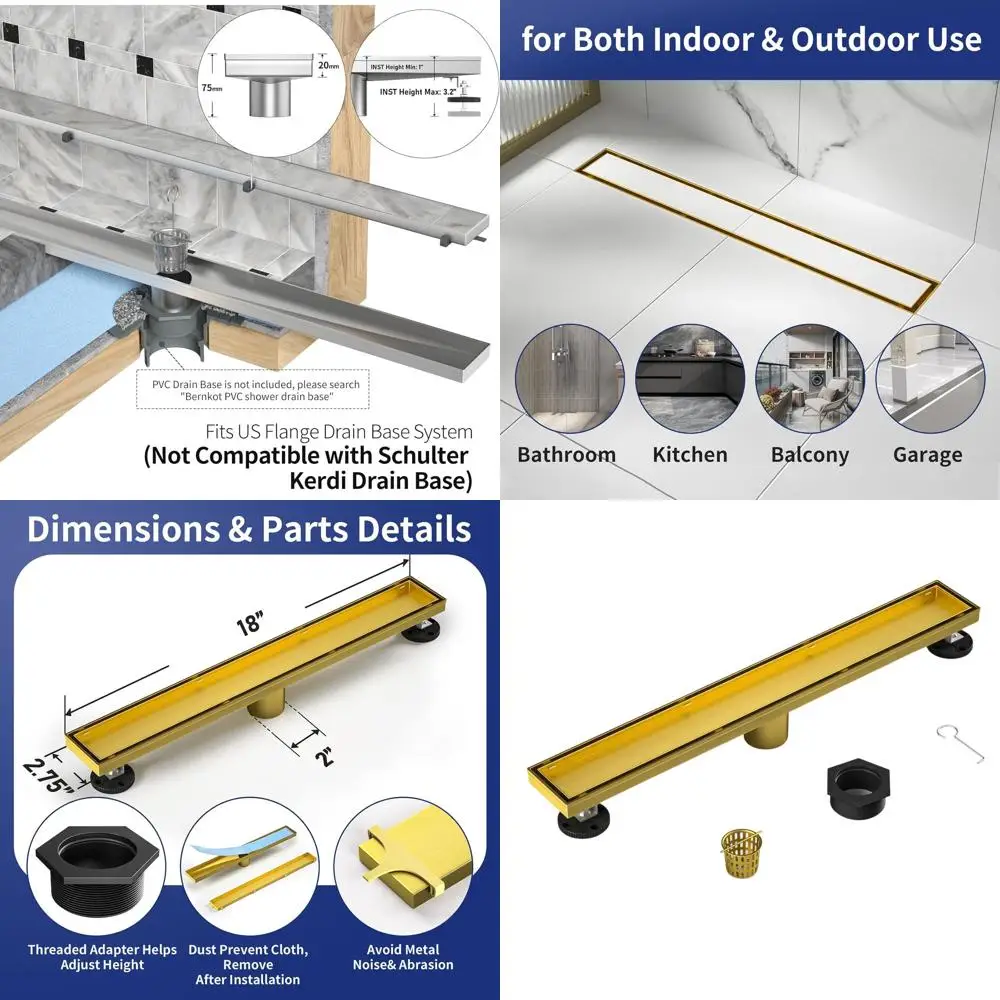 

18 Brushed Gold Linear Shower Drain with Tiled Insert and Hair Strainer, 304 Stainless Steel, CUPC Certified