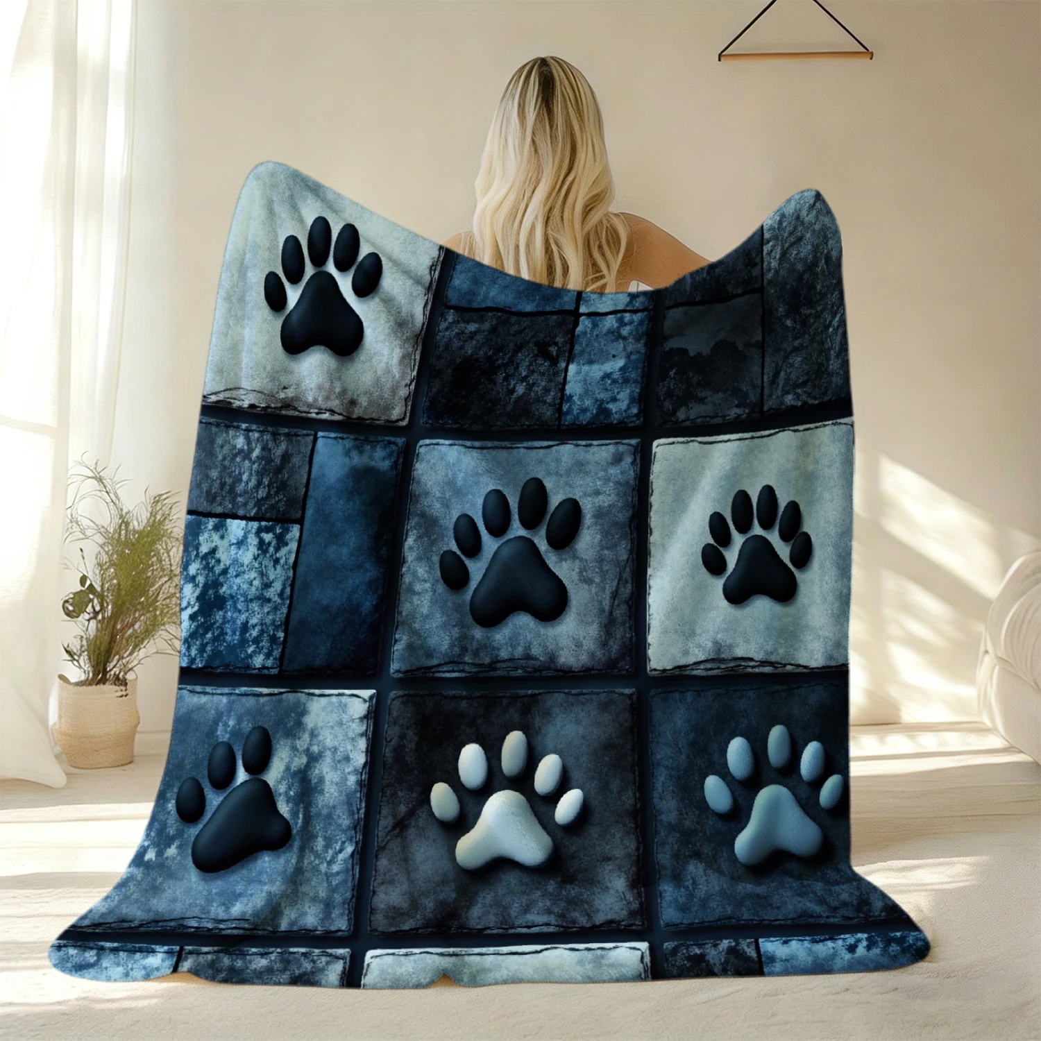 1pc JOOCAR Passionate Lily Blanket- Vintage Paw Print Flannel, Soft and Warm for All Seasons, Suitable for Sofa, Office, Camping