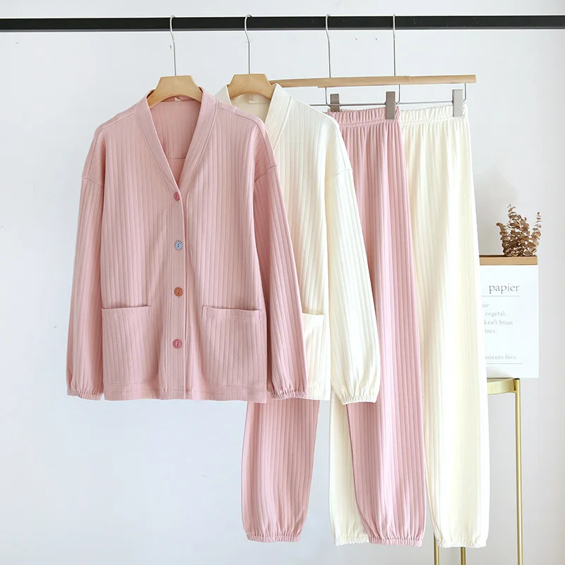 

Knitting Cotton Sleepwear Cardigan Long-Sleeved Trousers Soft Nightwear Women 2Pcs Pyjamas Elegant Home Clothes Loungewear Set
