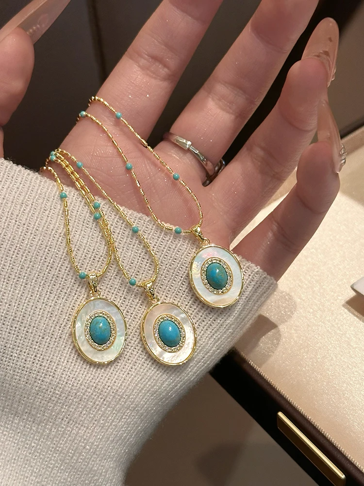 Natürliche Türkis Oval Shell Anhänger Gold Farbe Kette Halskette Sexy Schlüsselbein Kette Trendy Schmuck Zubehör Für Frauen 2023 – Detail 8