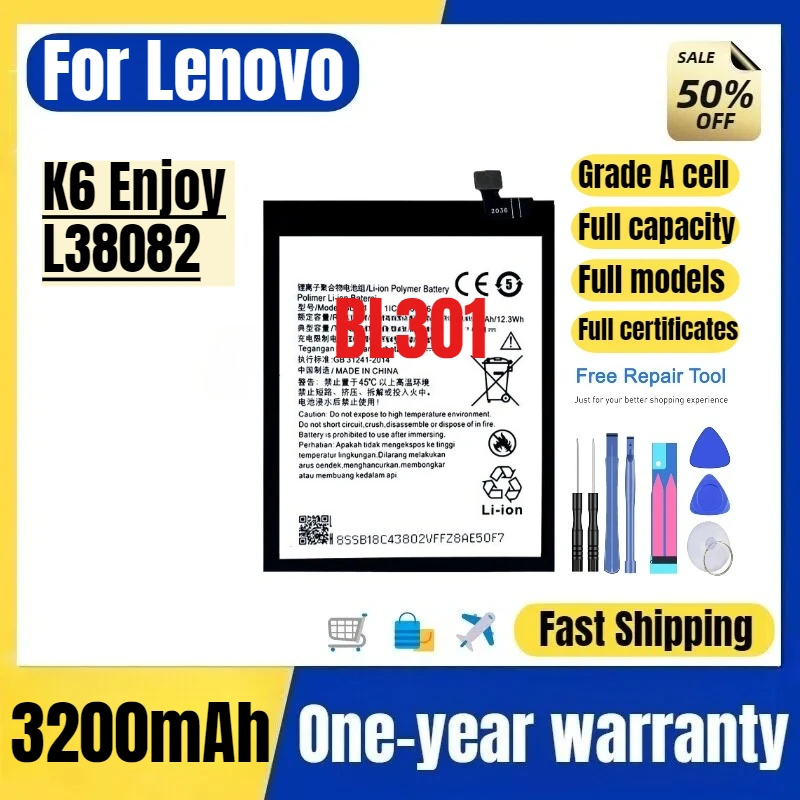 

BL301 для Lenovo K6 Enjoy L38082, аккумулятор для мобильного телефона, высококачественный, большой емкости, сменный, класс А, с инструментами для замены.