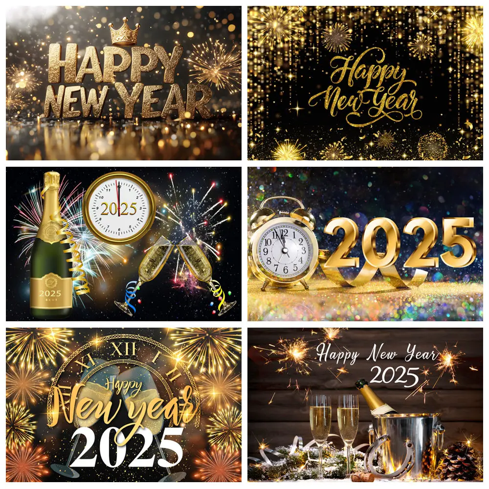 2025 Happy New Year Fireworks Photography Backdrop New Year Eve Clocks Champagne Home Party Decor Background Photo Studio Props