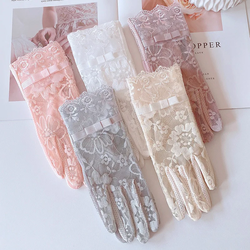 Sunscreen Gloves for Ladies Spring Summer Heat Insulation Ice Silk Lace UV Thin Electric Car Driving Non-slip Breathable Cool