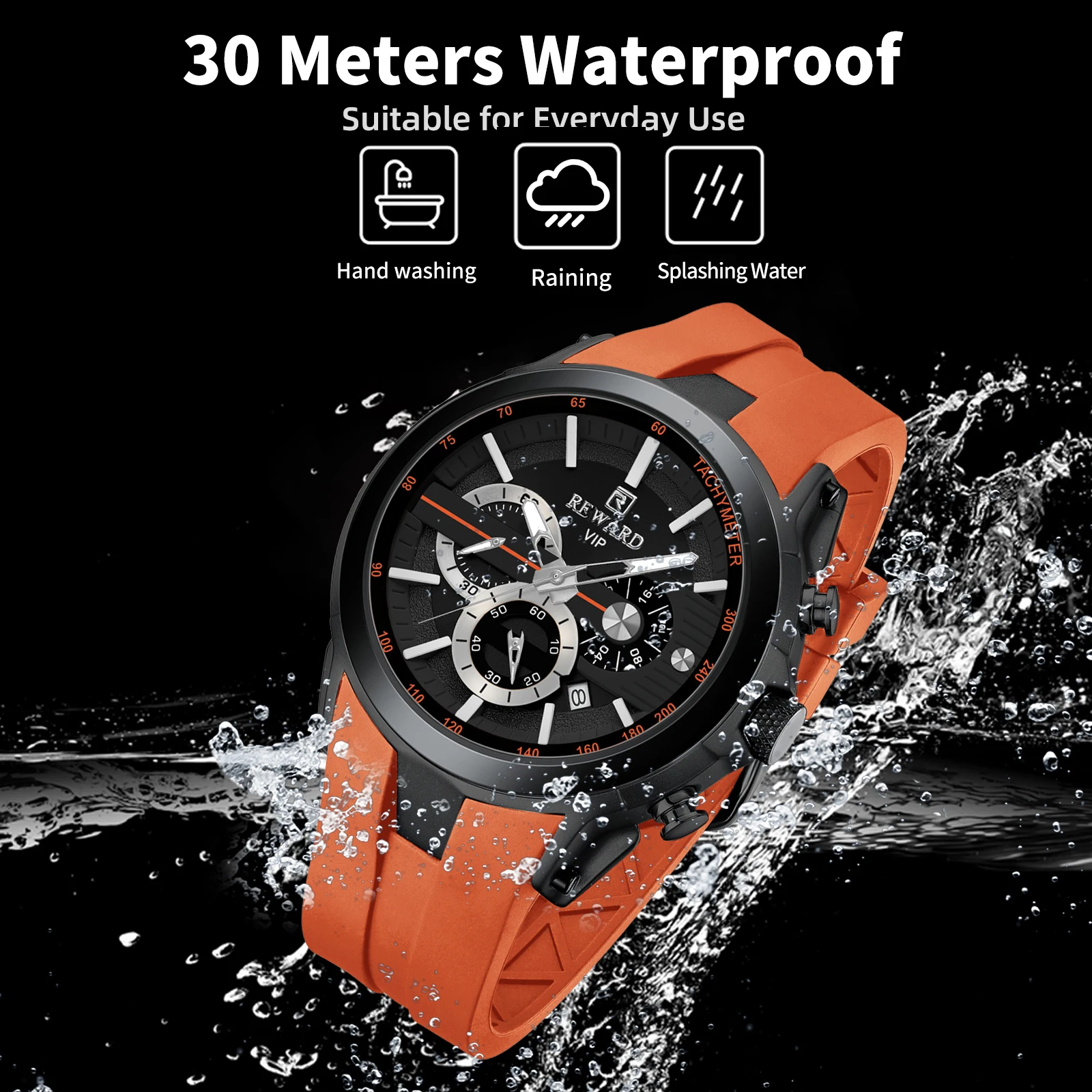 REWARD VIP New Mens Watches for Man Fashion Waterproof Sport Wristwatch Leather Strap Luminous Chronograph 3 Real Subdials