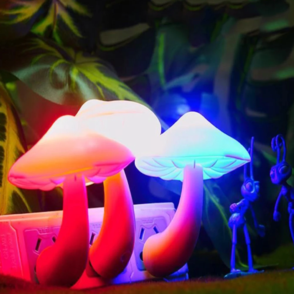 LED Night Light Lamp Mushroom Wall Socket Lights Light-control Sensor Bedroom Light Home Decoration EU US Plug Blue Green Yellow