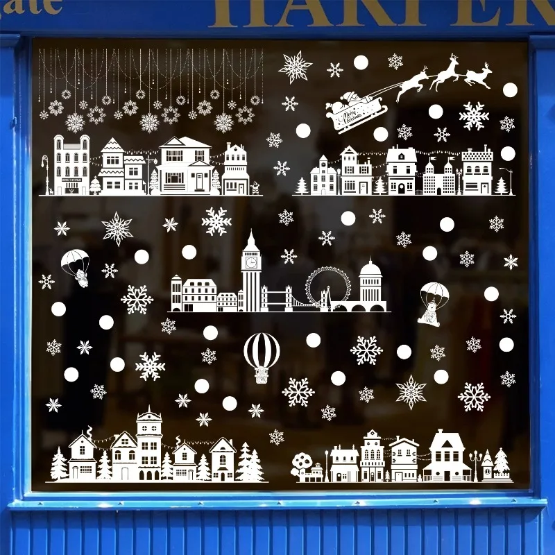 4 قطع/مجموعة من ملصقات ندفة الثلج البيضاء الثابتة مجموعة ملصقات زجاجية نافذة مركز التسوق لعيد الميلاد + ملصقات تزيين المنزل