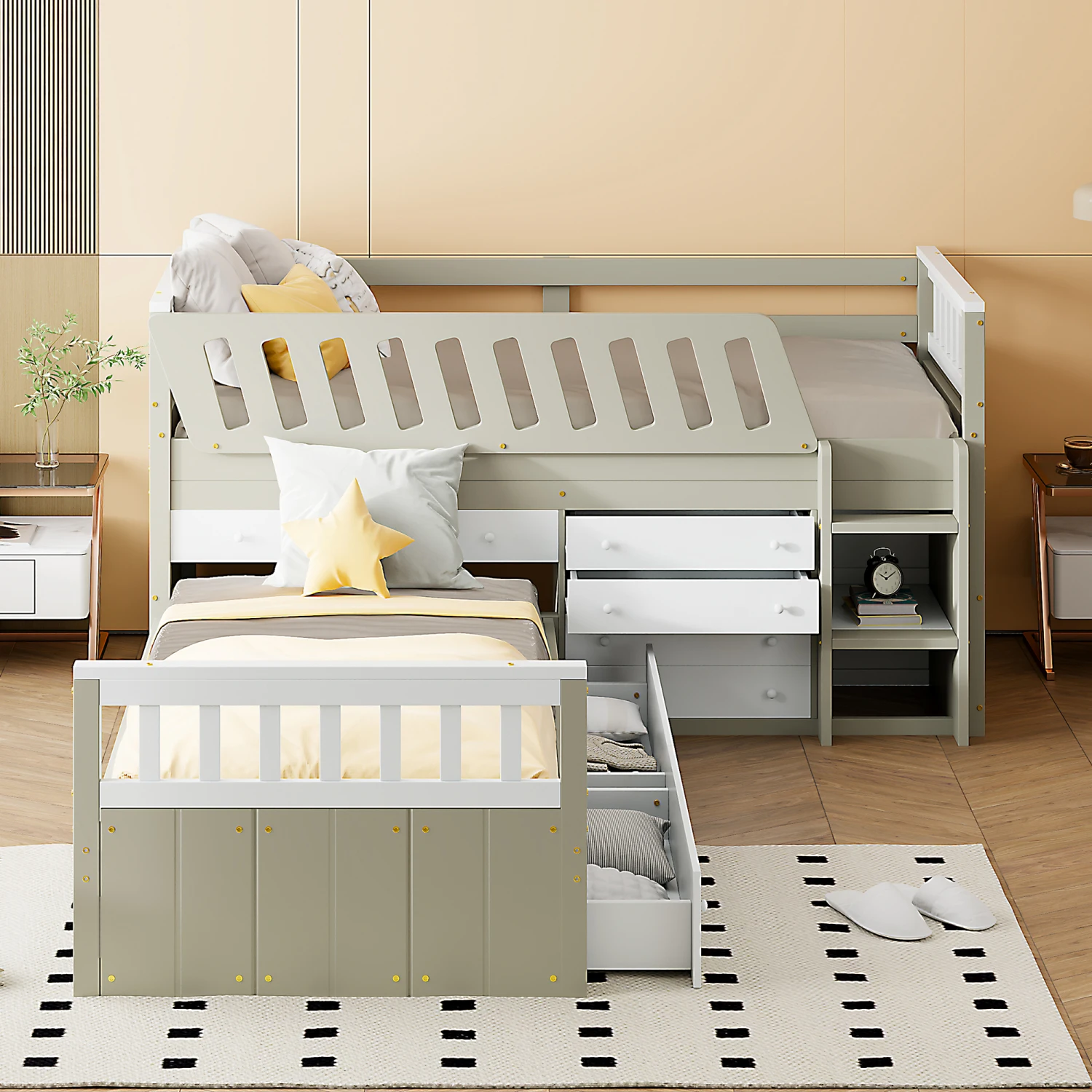 L-shaped Twin Loft Bed with 7 Drawers and Guardrails (WHITE+LIGHT BROWN)