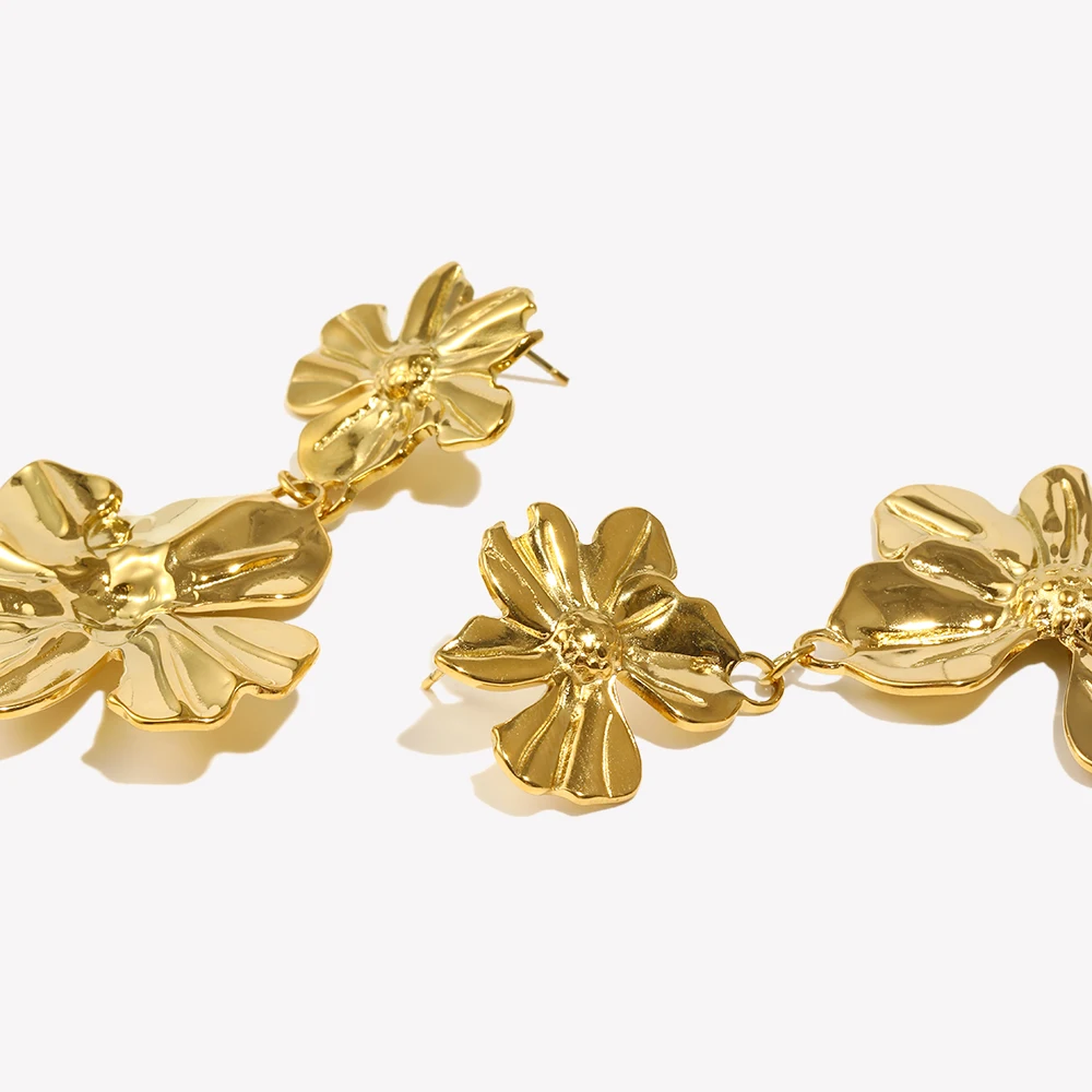 E.B.belle Two Flower Stitching Drop Earrings Waterproof Tarnish Free 316L Stainless Steel Decoration 18K Gold Plated Jewelry