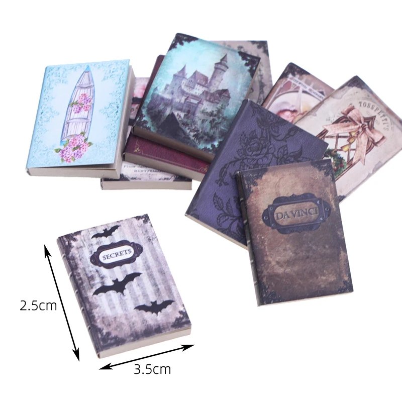 クラシックブックモデル10個セット、1/12スケールのドールハウスの勉強部屋の装飾に最適。完璧な妖精の庭の建設小道具