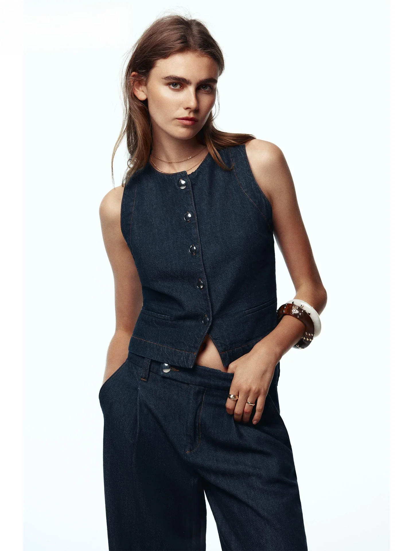 

ZAPRHA Faionable Button-Up Svel round Ne Denim Slim Fit Vest Women's Sle 2025 Autumn New Arrival 3777225