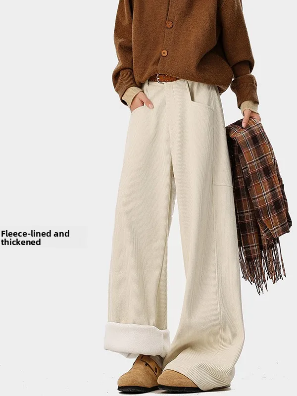 

Men's Corduroy Pants Winter Thiened Straight Leg Casual Wide Leg Pants Loose Fit Comfortable Bend Knife Pants Bla ey White