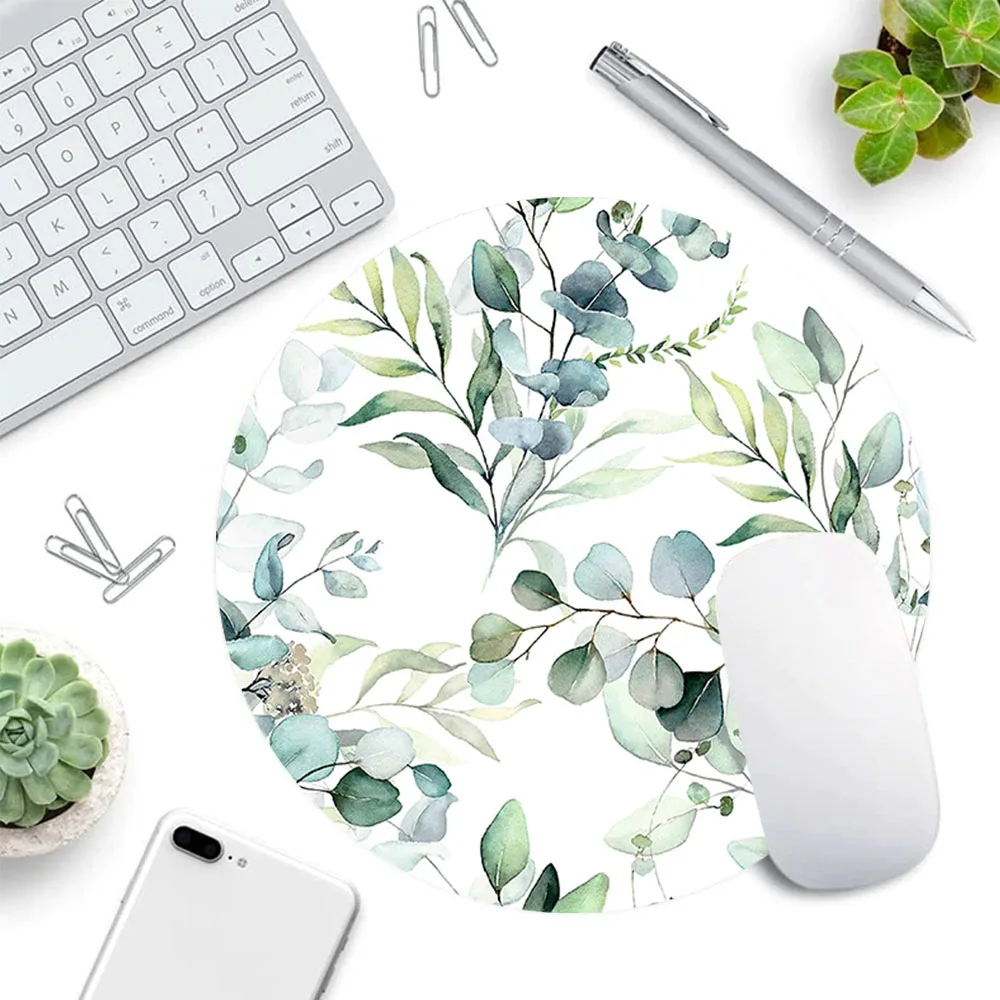 Round Mouse Pad Cute Leaves Design Rubber Mousepad Aesthetic Desk Accessory for Office Laptop Computer Gift for Friend