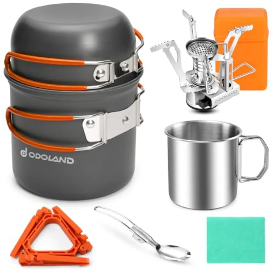 

8pcs Camping Cookware M Kit, Camping Pot and Pan Set with Mini Backpacking Stove, Stainl Steel Cup, Spork and Tank Bracket, Coo