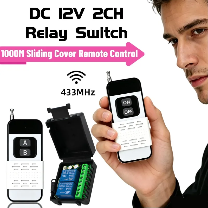 2CH DC12V 433MHz RF Wireless Remote Relay Switch 1000M Long Distance Sliding‑Cover Remote Kit For Electric Motor Gate Lamp