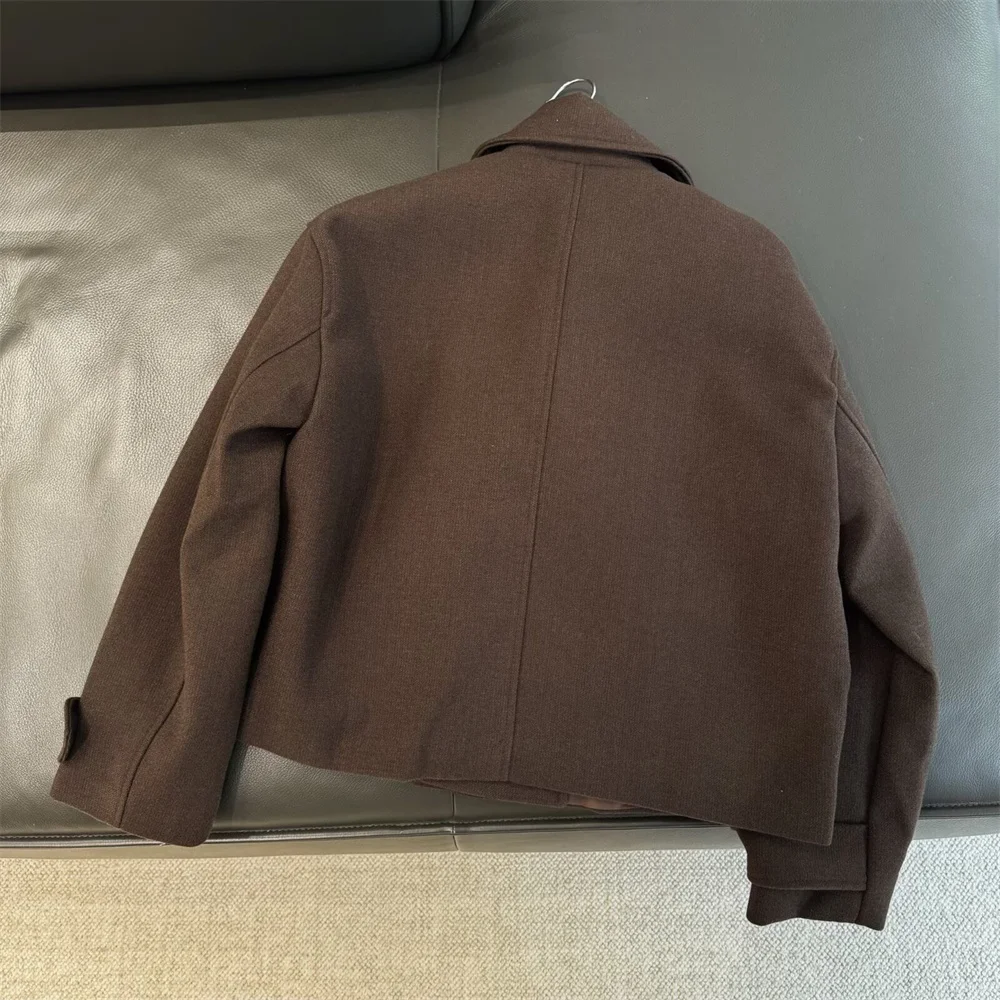 European and American style women's new button up lapel long sleeved double breasted short coat jacket