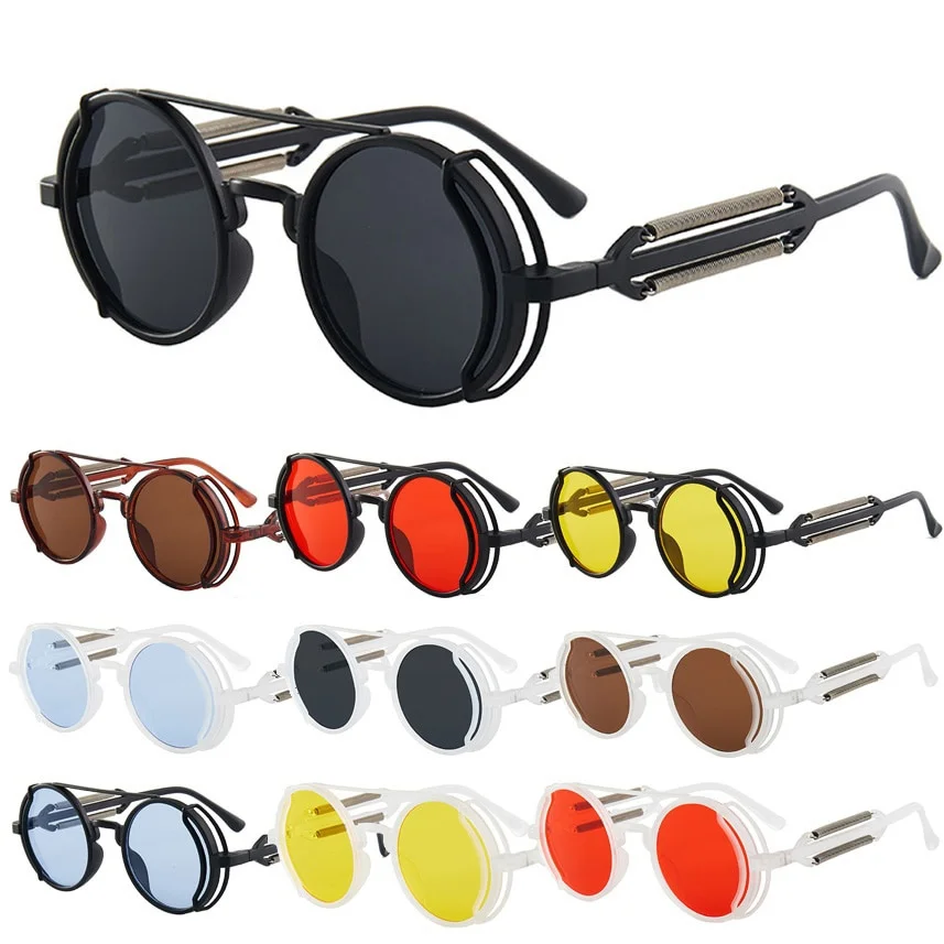 Steampunk Sunglasses Men Women Round Metal Frame Punk Double Spring Leg sun glasses Brand Design Classic Gothic Eyewear UV400