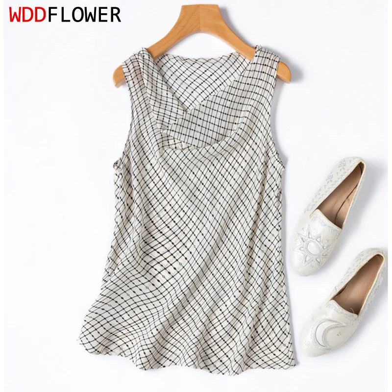Women Silk Tank Top 100% Mulberry Silk 16 Momme Crepe Silk White Checks Printed Draped Neck Sleeveless Vest Shirt Summer M1418