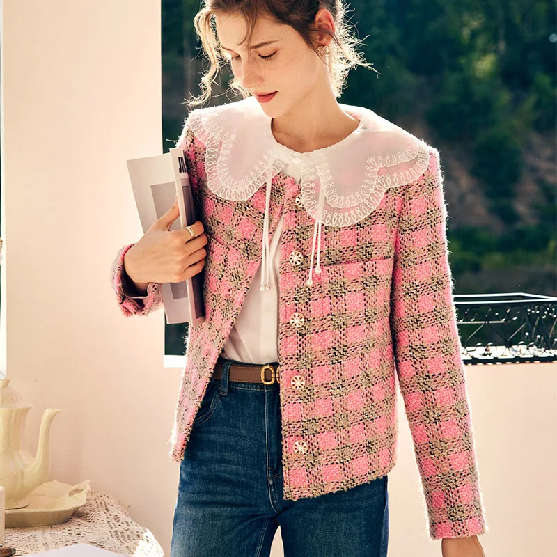 OLrain Women's French Tweed Short Jacket New Autumn Pink Plaid Youthful Elegant Versatile Slim Daily Lady Outer Coat O22QW65115