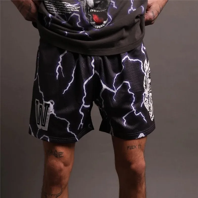 Men Mesh Sports Shorts Summer Basketball Fitness Running Short Pants 3D Printing Lightning Pattern Training Bermuda Man Shorts