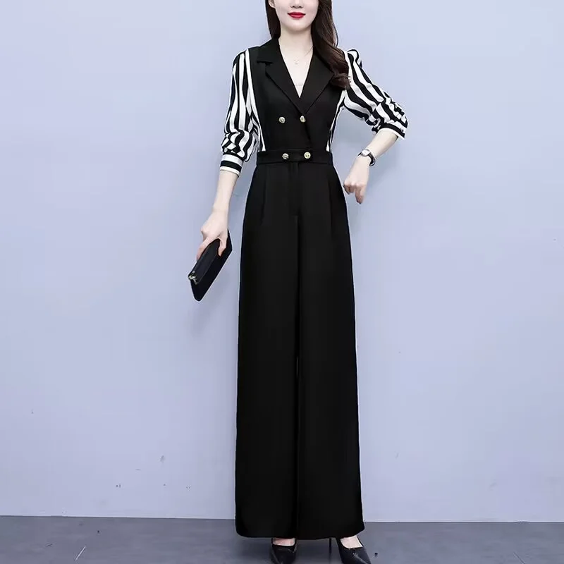 Color Blocking Striped Suit Jumpsuit Summer Women's 2024 New Goddess Style High Waist Slim Fit Sagging Wide Leg Pant Patchwork