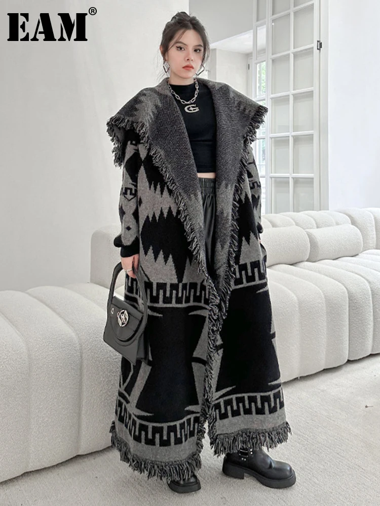 [EAM] Black Big Size Knitting Long Thtick Cardigan Sweater Loose Lapel Long Sleeve Women New Fashion Spring Autumn 2024 1DH2277