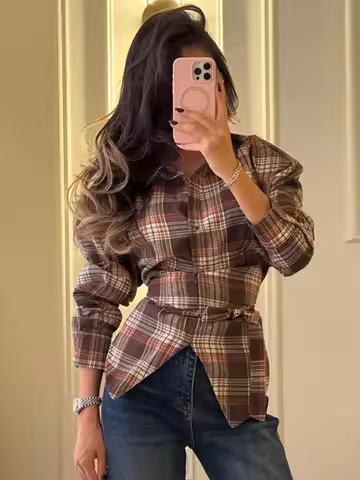 2026 Spring New Grid Printed Shirts For Women Chic Back Lace Up Long Sleeve Lapel Blouses Lady Street Chic Single Breasted Tops