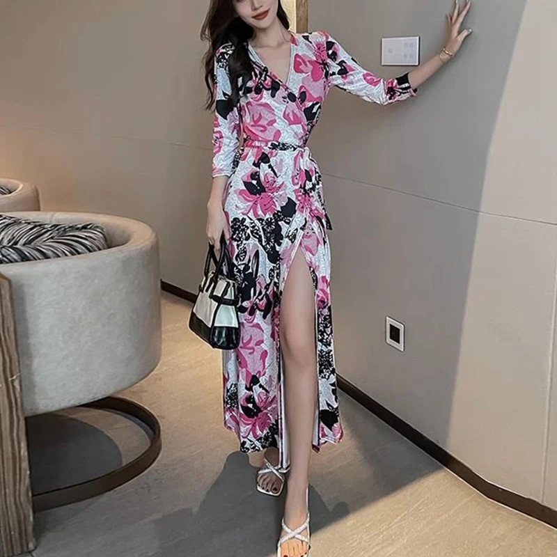 

Summer Sexy Fashion Deep V-neck Floral Printing Lace Up Robe Female Slim Casual Maxi Robe Women Slim Elegant Beach Holiday Dress