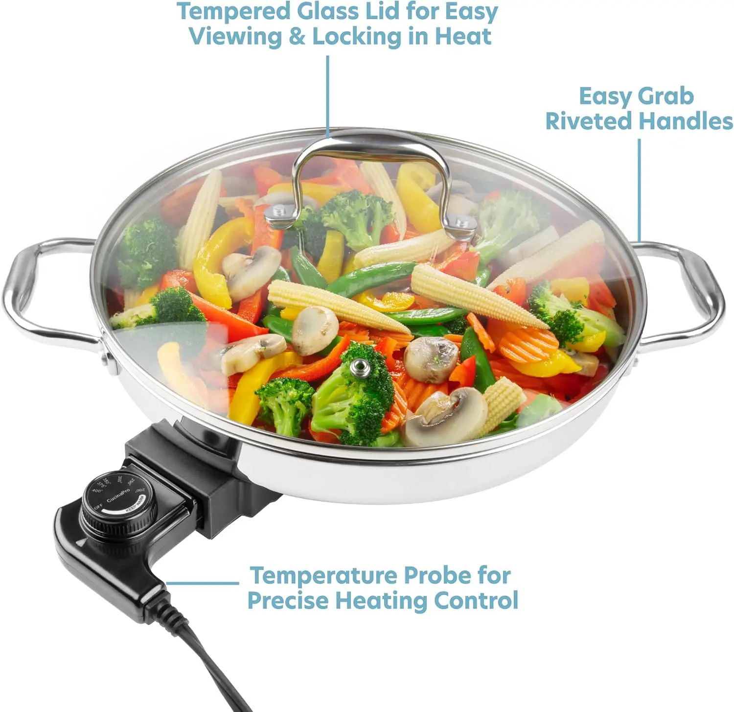 12 Inch Round Electric Skillet 18 10 Stainless Steel Pan Tempered Glass Lid Frying Pan Top Handles Adjustable Temperature Contro