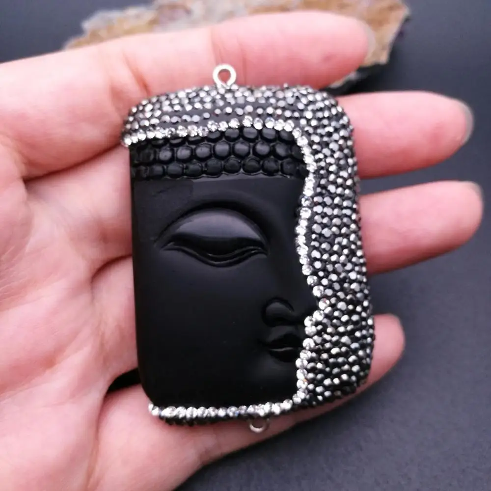 HP026 1 PC 40x55mm Black Jasper Buddha Pendant Trimmed With Crystal Zircon