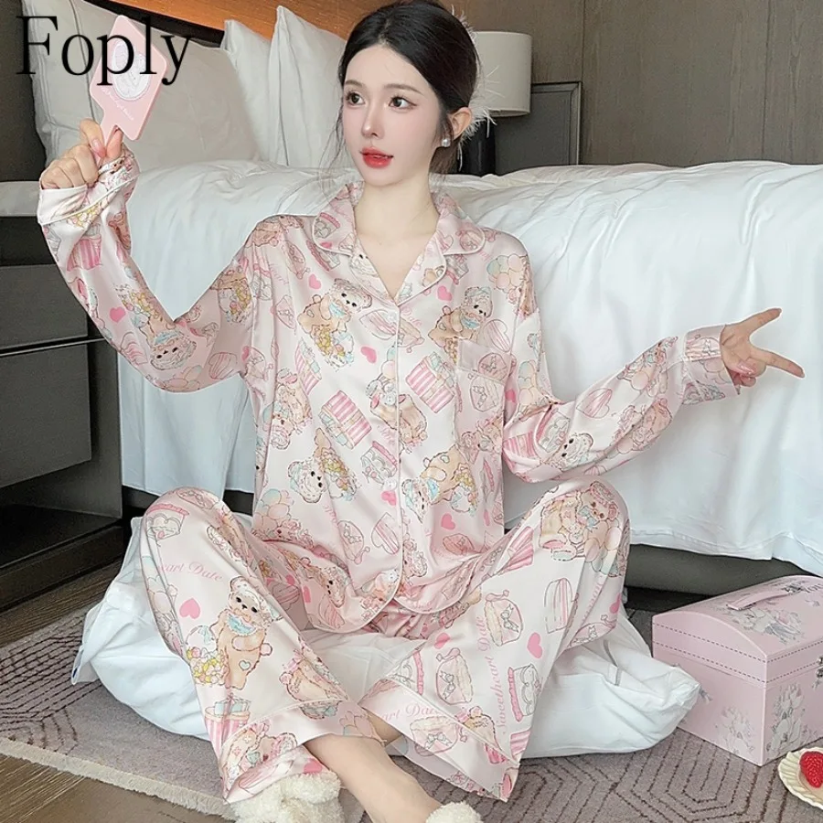 Kawaii Cake Little Bear Woman Pyjamas Set Spring Summer 2Piece Pajama Satin Silk Sleepwear Longsleeve Top Pants Pijama Pjs