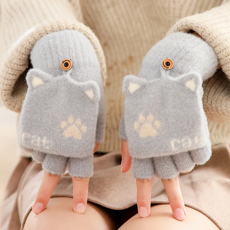 

Winter Warm Thickening Wool Gloves Cat Claw Knitted Fingerless Flip Gloves Thick Gloves Without Fingers Mittens Glove Women