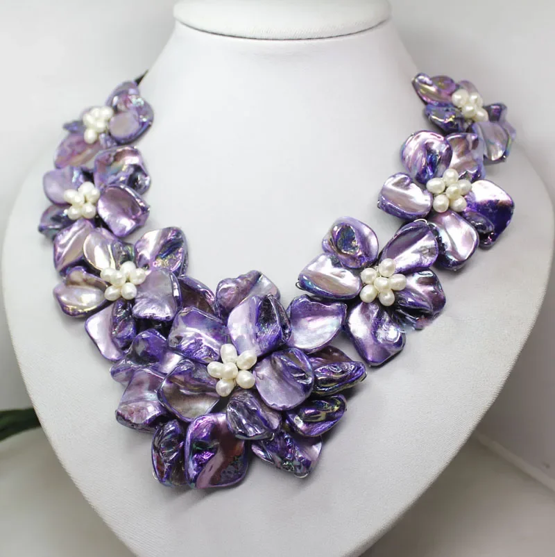 18 inches Natural Leather Cord Purple Flower Shell & White Handmade Women Pearl Necklace