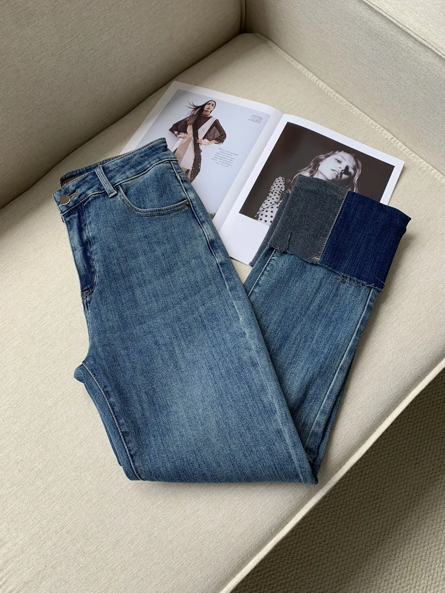 Jeans longo para senhoras, cintura alta, borda casual, calça ondulação, novo, primavera, verão, 2024