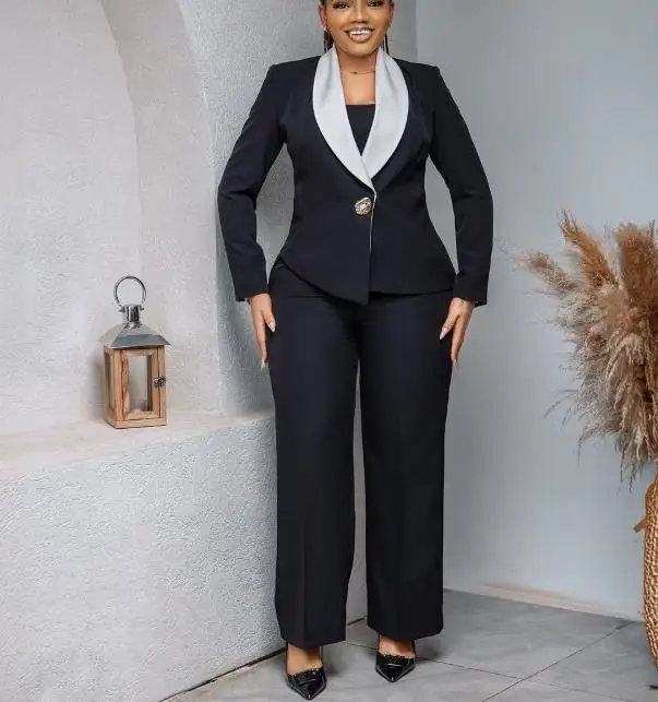 

Elegant Commuting Contrasting Collar Casual Suit Jacket and High Waisted Straight Leg Pants Set, Autumn Women's Slim Fit Set