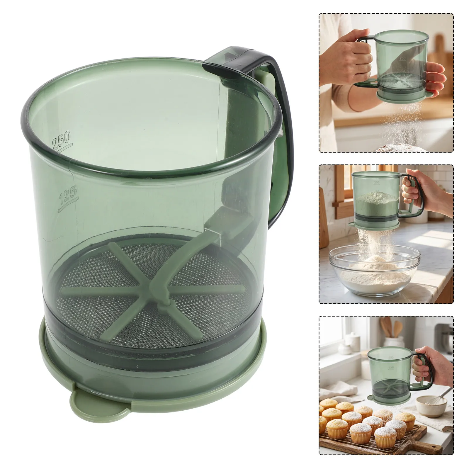 Hand Press Flour Sifter Double Mesh Fine Strainer Cup with Precise Measuring Marks Semi-Automatic Manual Sifter for Cake
