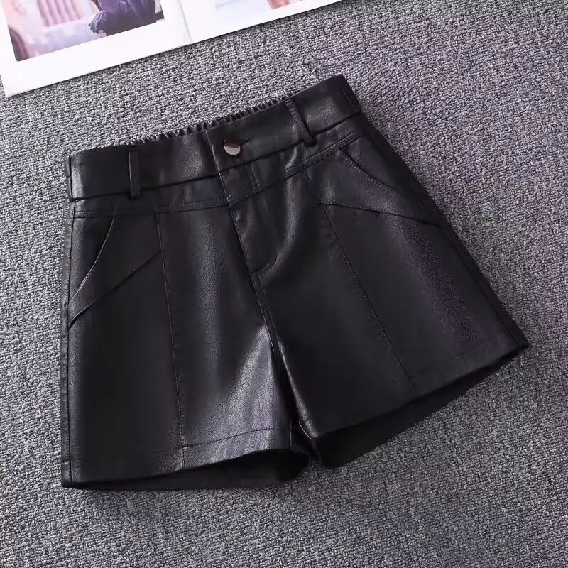 PU Leather Shorts Women's Autumn and Winter New High Waisted Black Slimming A-line Pants Versatile Wide Leg Boots and Pants M79