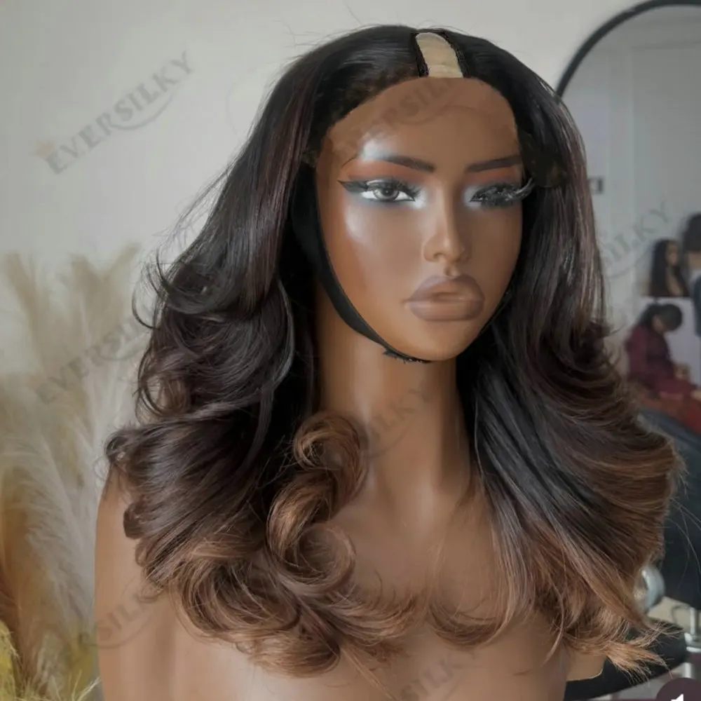 

Balayage Color 1x4Size U Part Wig 100%Human Hair for Black Women With Body Curls Glueless Full Machine Made V Part Wig Easy Wear