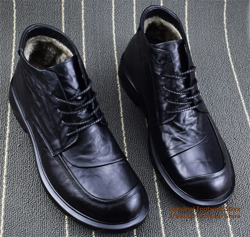 Black Leather Snow Boots for Men Round Toe Cowhide Men's Cotton Shoes Winter Thick Sole Chelsea Boots Trendy Men's Shoes