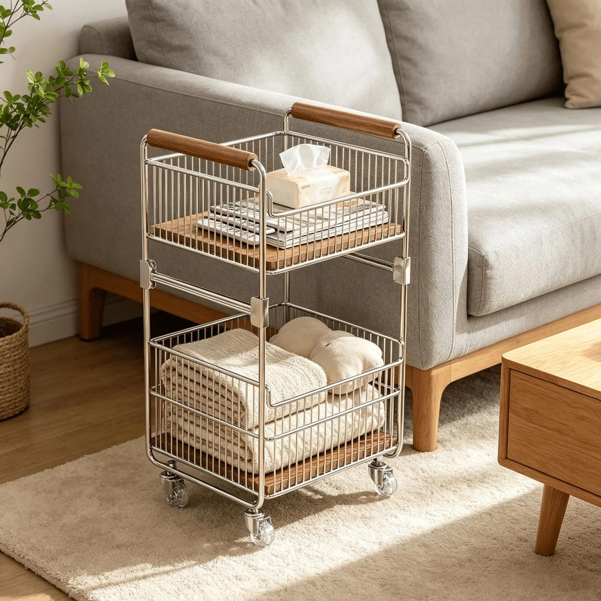 Stainless Steel 2 Tier Rolling Kitchen Trolley With Wood Handle Movable Storage Cart For Kitchen Living Room Bathroom